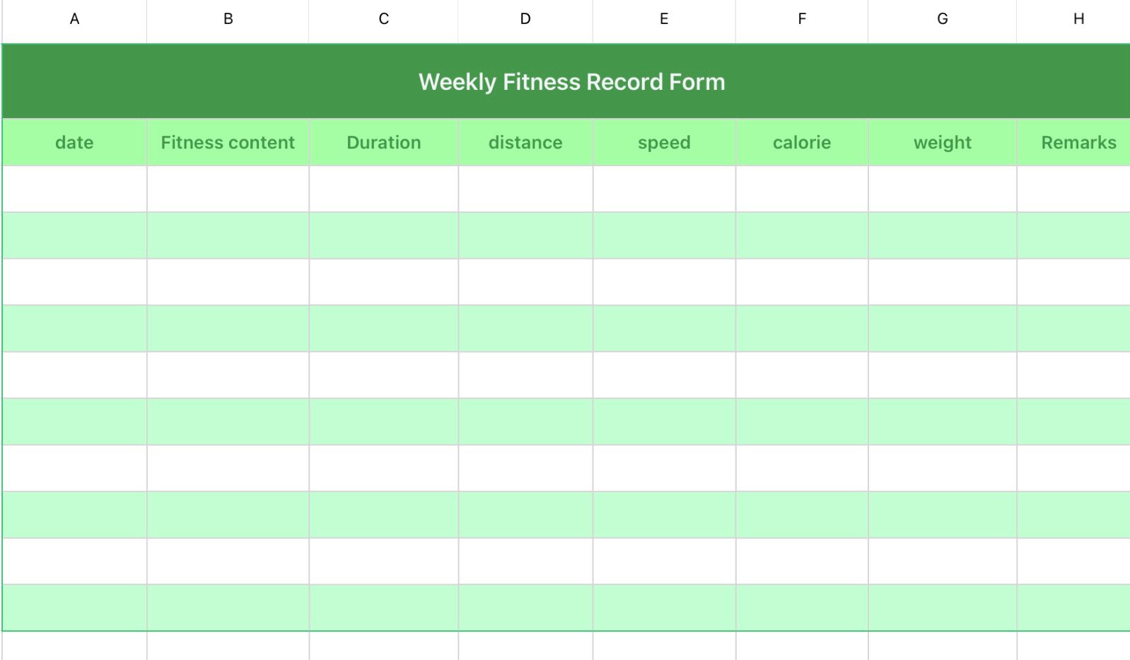 Weekly fitness record sheet 1
